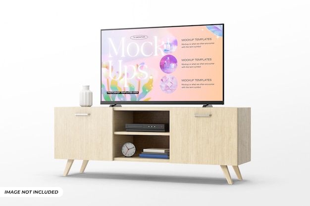 Smart TV Mockup on Wooden Cabinet Editable PSD Template