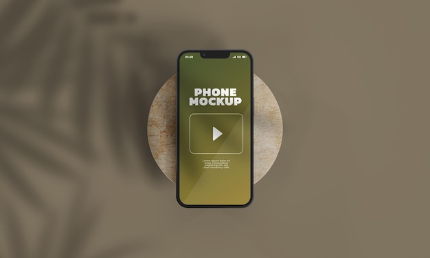 Smartphone on circle wood screen mockup PSD 3d rendering