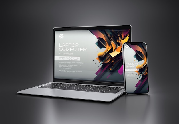 Smartphone and laptop on dark Mockup