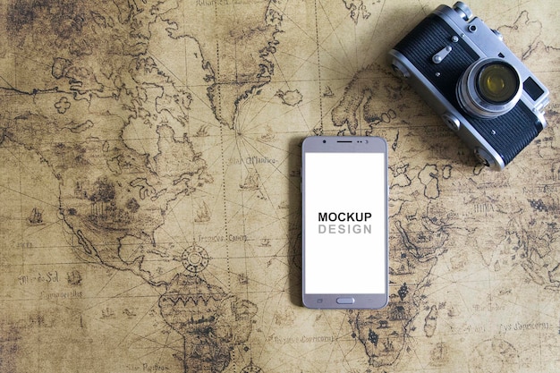 Smartphone Mock-Up with vintage map and old vintage camera