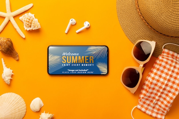 smartphone mockup and beach accessories, mask