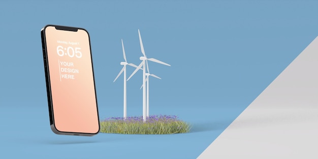 Smartphone mockup near windmills and grass