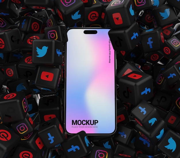 PSD smartphone mockup with black cube social media icons with