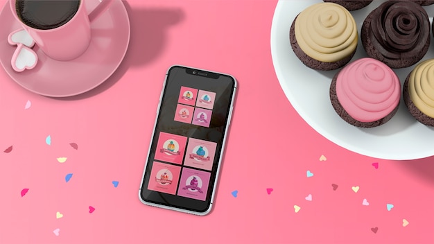 PSD smartphone mockup with cupcakes