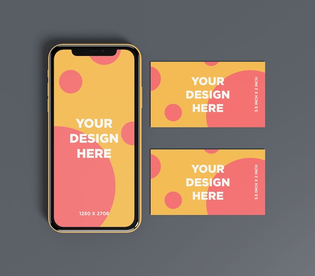 Smartphone mockup with double business card top view