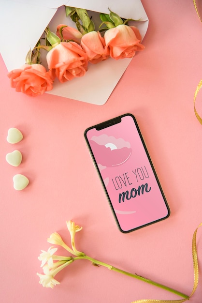 Smartphone mockup with flat lay mothers day composition