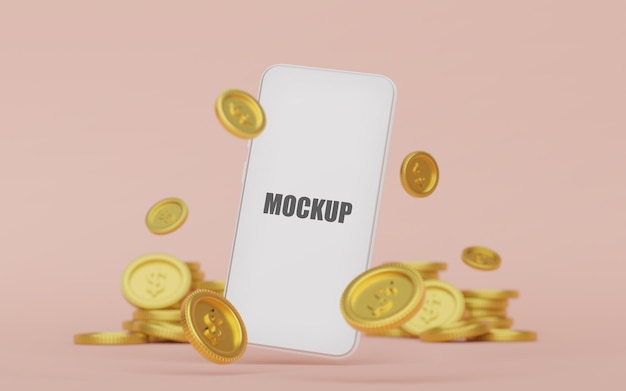 Smartphone mockup with golden coin 3d rendering