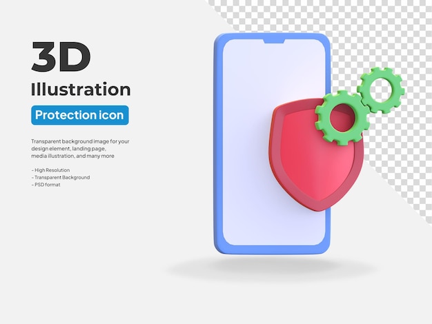 Smartphone protection icon update in progress with gear 3d render illustration