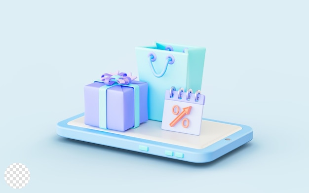 Smartphone sign with giftbox shopping bag calendar 3d render concept for online shopping discount