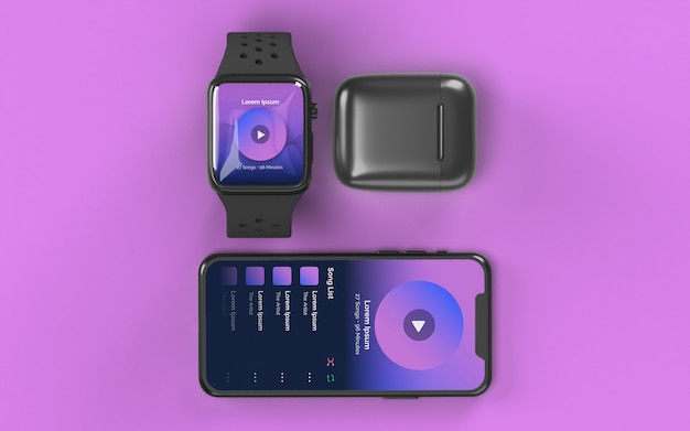 PSD smartphone smartwatch and earbud case device mockup