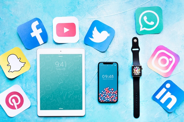 Smartphone and tablet mockup with social media concept