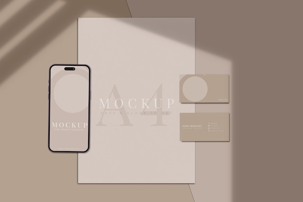 Smartphone with A4 paper and business card mockup with shadow overlay Elegant design layout For presentation branding corporate identity advertising personal identity 3d Rendering