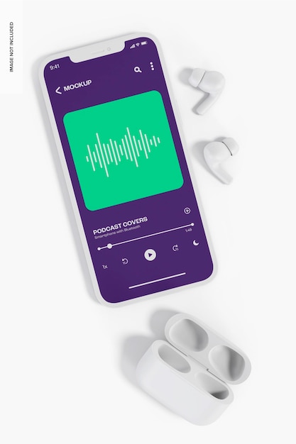 Smartphone with Bluetooth Earphones Mockup, Top View