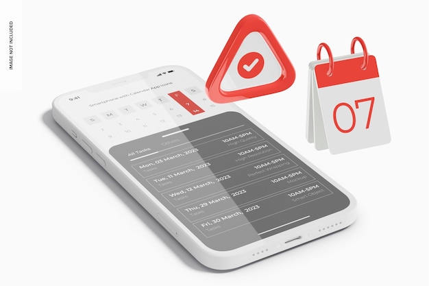 Smartphone with Calendar App Icons Mockup, Perspective
