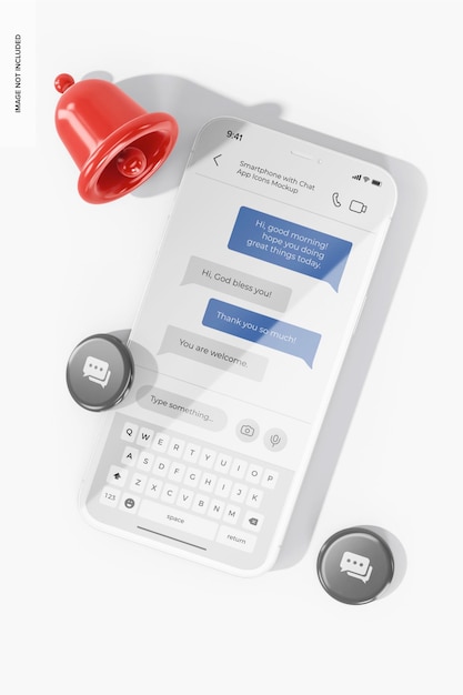 PSD smartphone with chat app icons mockup, top view