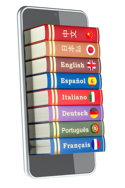 PSD smartphone with language textbooks inside 3d rendering isolated on transparent background