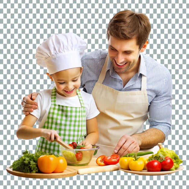 PSD smiley father and son cutting vegetables