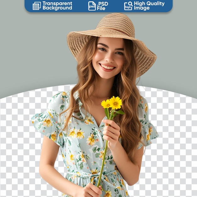 A Smiley Young American Woman in Spring Attire A Portrait with a Dress Hat and Flower