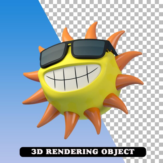 PSD smiling 3d render sun character with transparency.