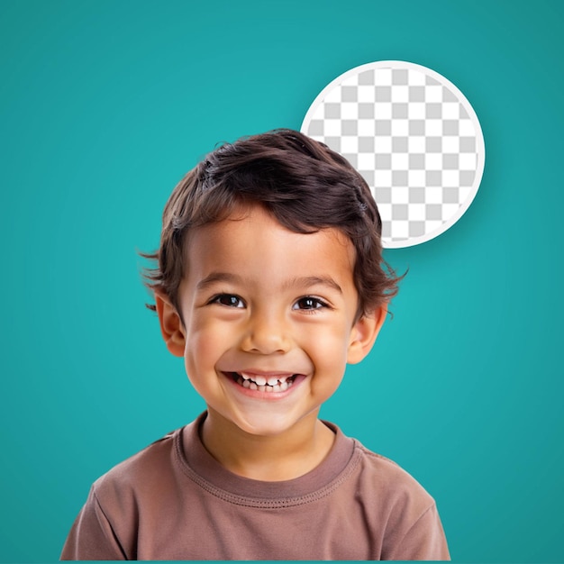 Smiling aboriginal child in optician attire with wavy hair poses compassionately on pastel apricot background