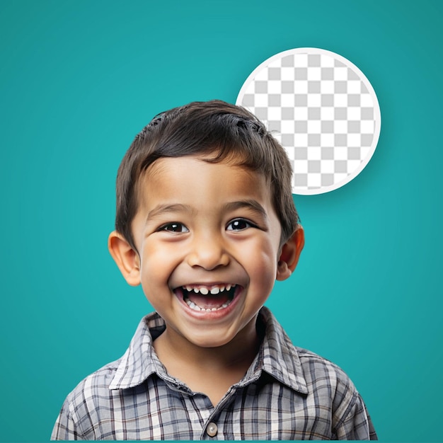 Smiling aboriginal child in optician attire with wavy hair poses compassionately on pastel apricot background