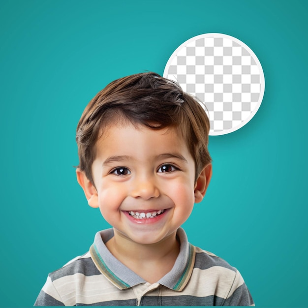 Smiling aboriginal child in optician attire with wavy hair poses compassionately on pastel apricot background