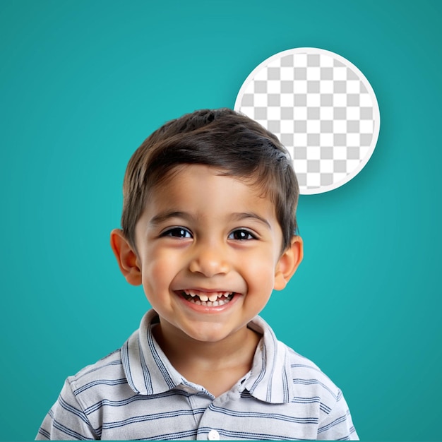 Smiling aboriginal child in optician attire with wavy hair poses compassionately on pastel apricot background