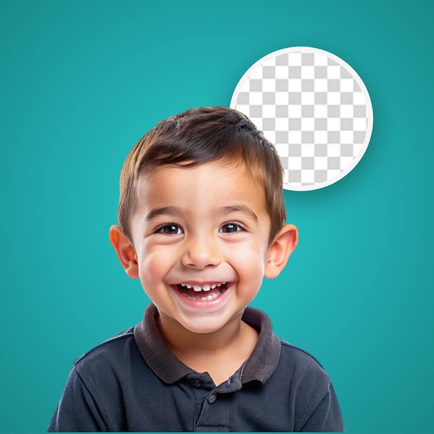 Smiling aboriginal child in optician attire with wavy hair poses compassionately on pastel apricot background