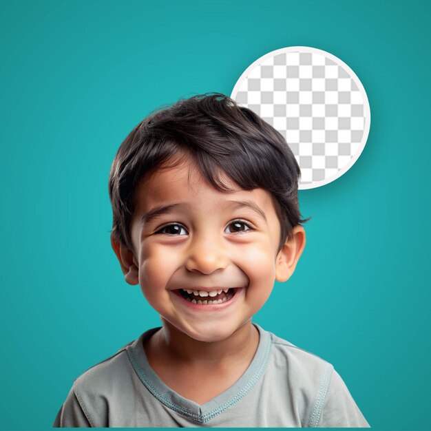 Smiling aboriginal child in optician attire with wavy hair poses compassionately on pastel apricot background