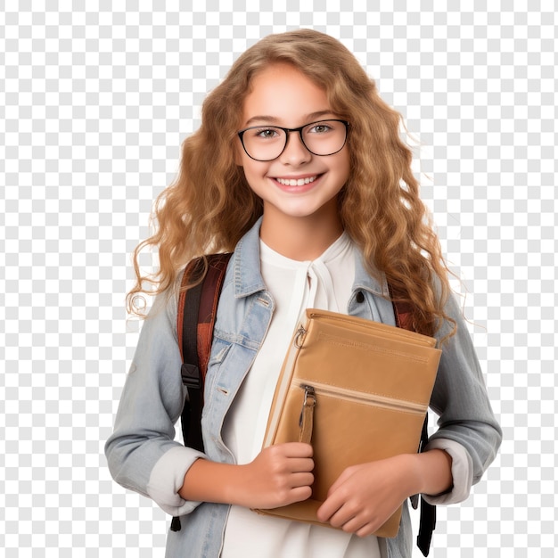 Smiling active excellent best student schoolgirl holding books and copybooks going to school