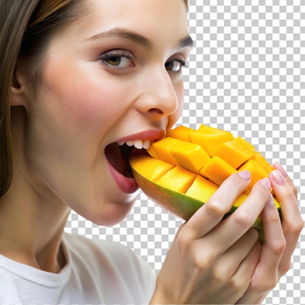 PSD smiling adult girl eats the slice of a fresh mango