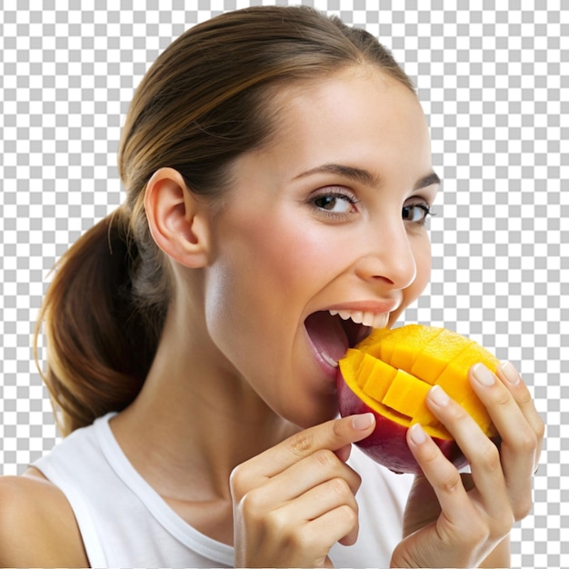 PSD smiling adult girl eats the slice of a fresh mango