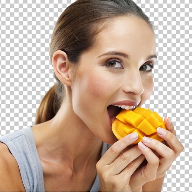 PSD smiling adult girl eats the slice of a fresh mango