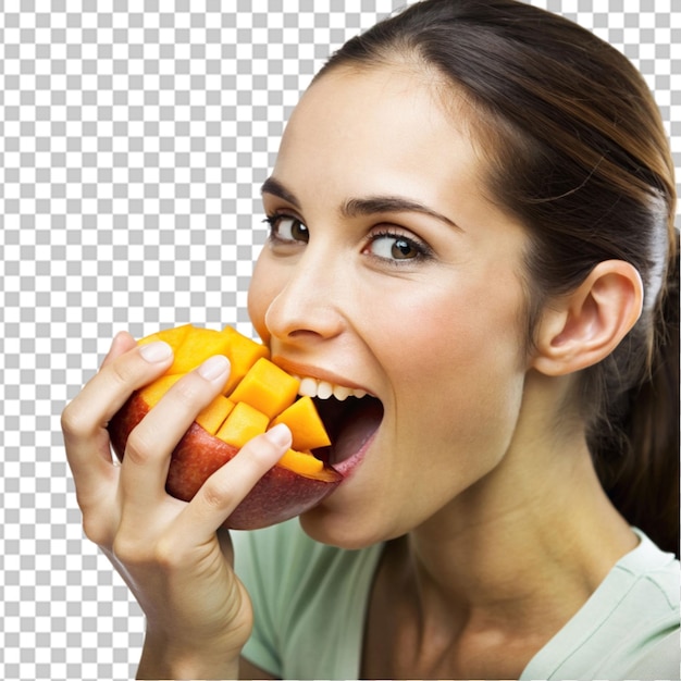 Smiling adult girl eats the slice of a fresh mango