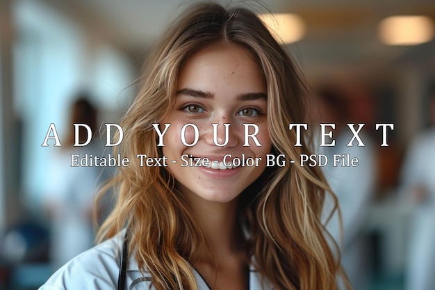 A smiling American woman doctor with the background is a university hospital