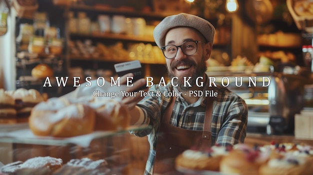 PSD smiling baker holding a credit card in a bakery