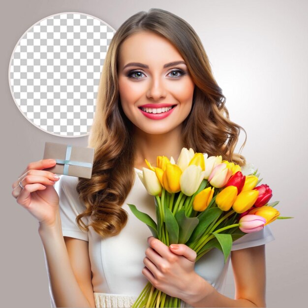 Smiling beautiful young girl on happy women39s day holding bouquet with greeting card on transparent background