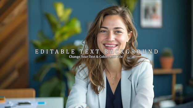 PSD smiling businesswoman in modern office