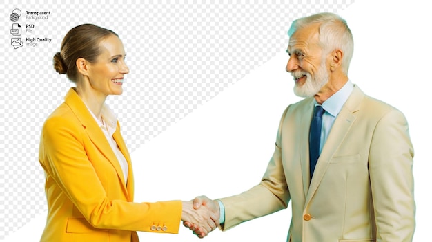 PSD smiling businesswoman and senior man shaking hands