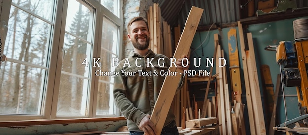 PSD smiling carpenter holding a wood plank in his workshop