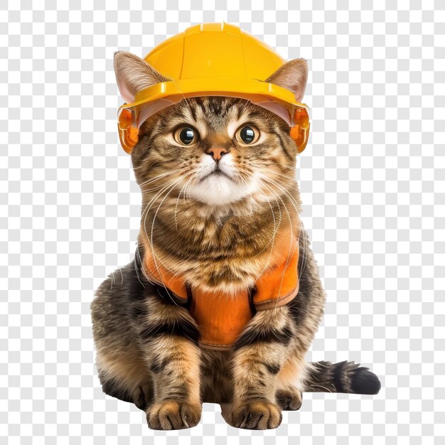 PSD smiling cat wearing construction helmet full body on transparency background psd