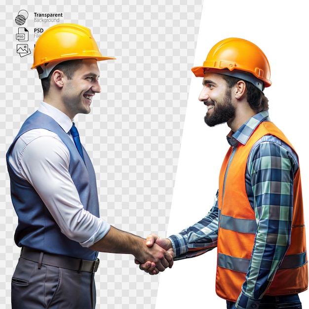 Smiling Construction Workers in Hard Hats Shaking Hands During a Break