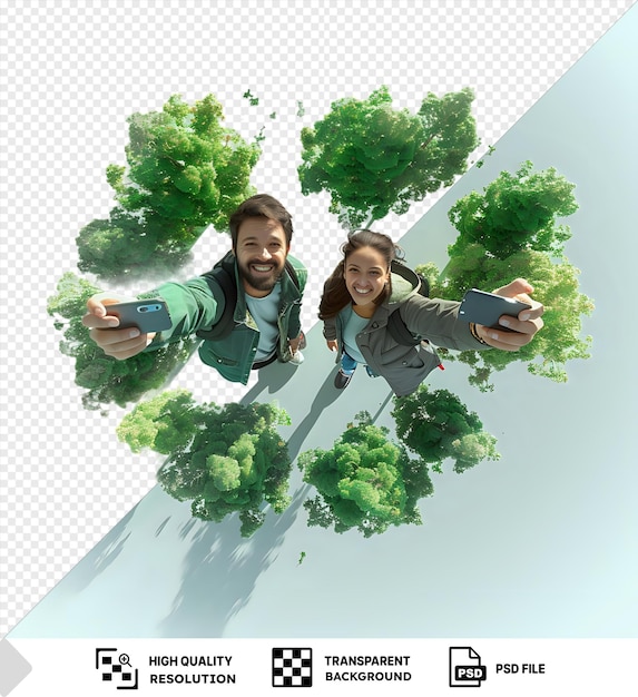 Smiling Couple Taking a Selfie with Green Trees Behind Them Isolated Transparent Background