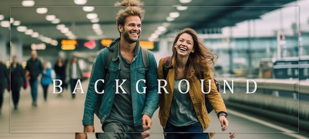 PSD smiling couple walking through an airport