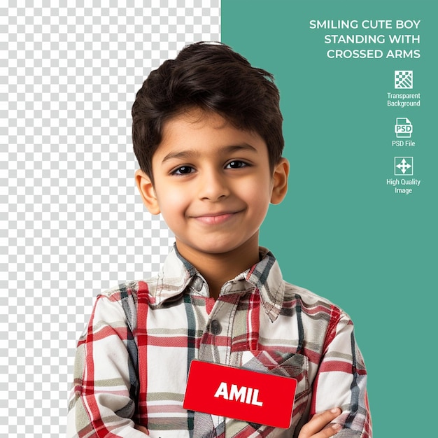 Smiling Cute Boy standing with crossed arms isolated on transparent background