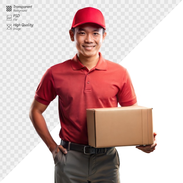 Smiling delivery man in red cap holding a parcel