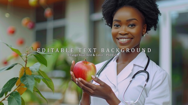 PSD smiling doctor holding an apple