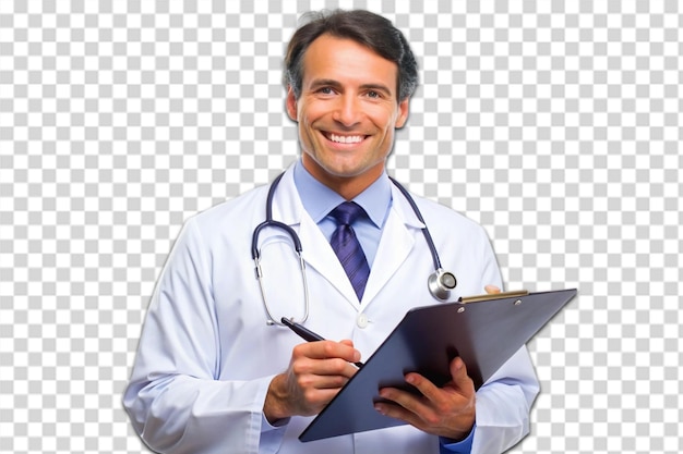 a smiling doctor holds a file with a stethoscope