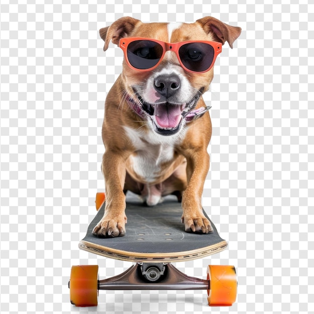 PSD smiling dog on skateboard wearing sunglasses on transparency background psd