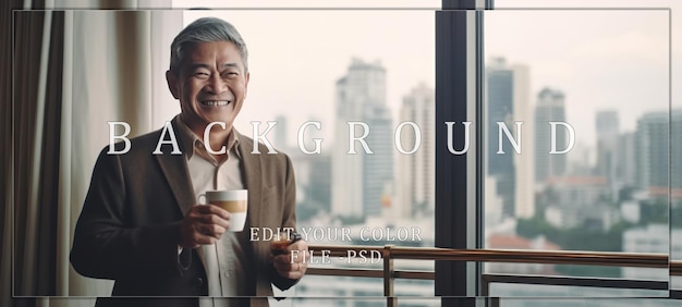 PSD smiling elderly man enjoying coffee with city view